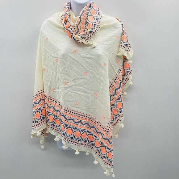 J Crew Womens One Size Cotton Mosiac Printed Tassel Trim Neck Scarf in Cream - Picture 1 of 6
